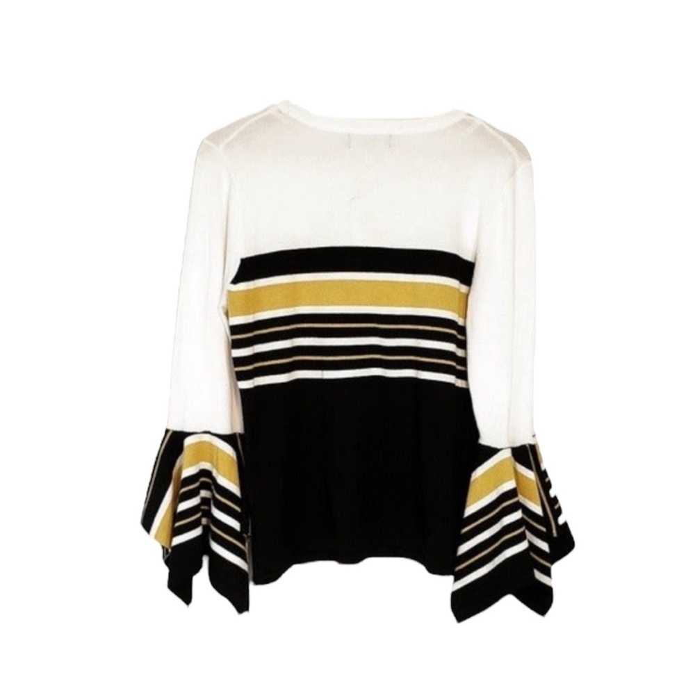 MELISSA PAIGE Striped Bell Sleeve Sweater White, Yellow and Blk PETITE Size PM - Picture 4 of 11
